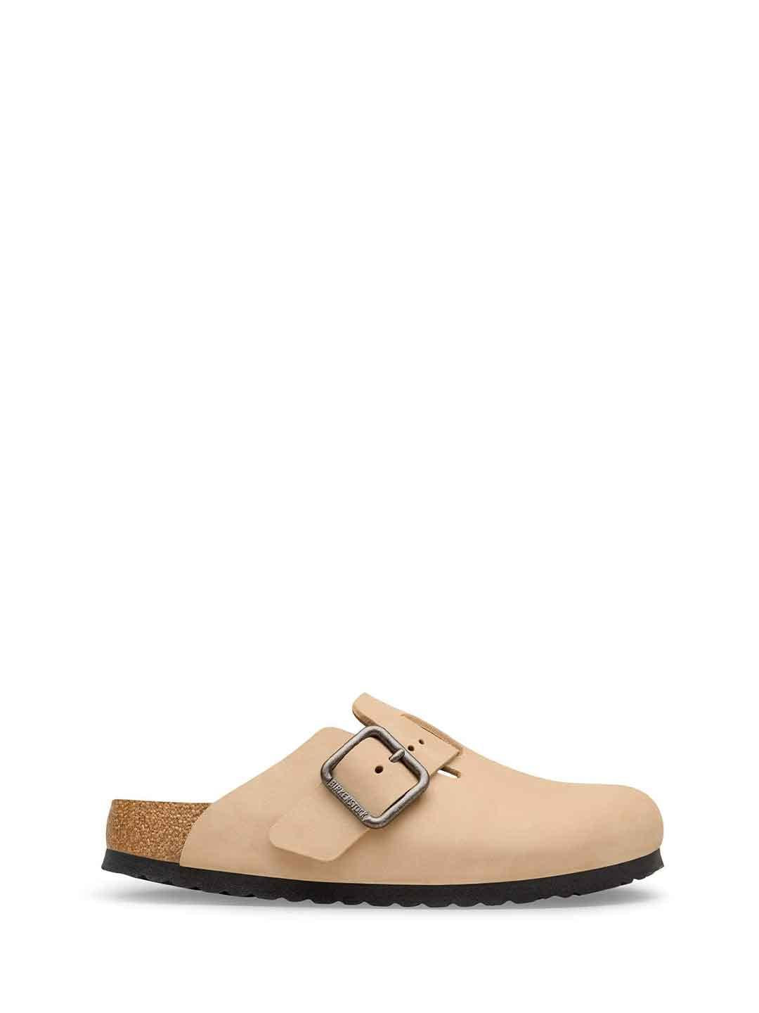 Birkenstock Boston Wire Buckle sabot beige con fibbia argento