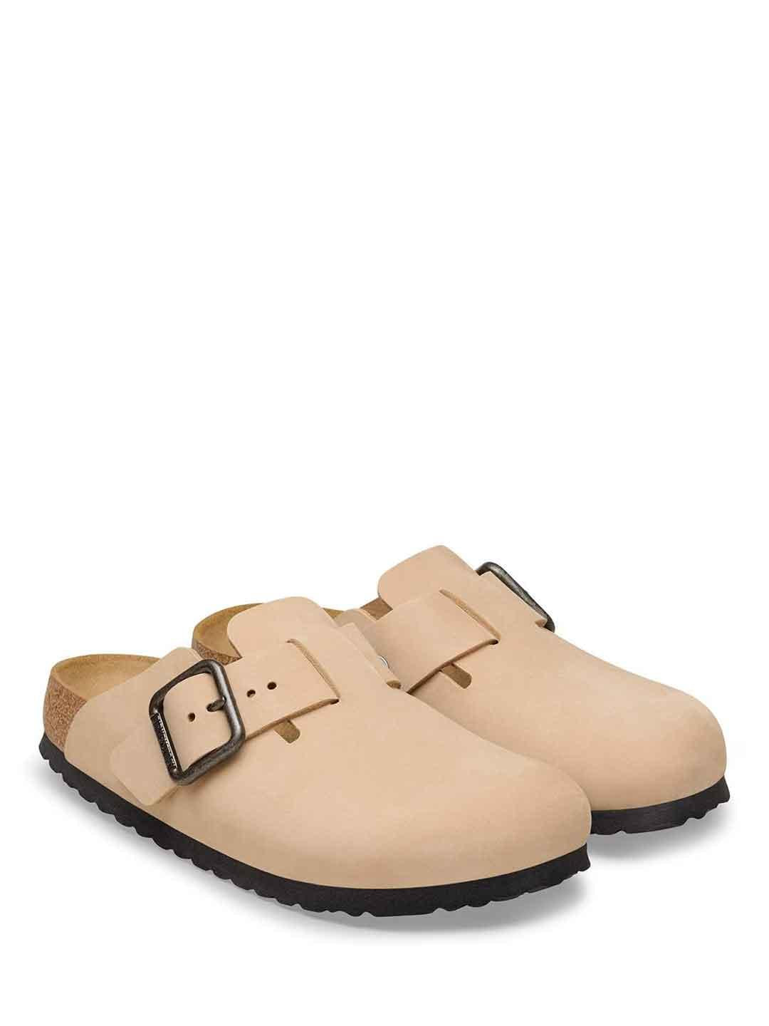 Birkenstock Boston Wire Buckle sabot beige con fibbia argento