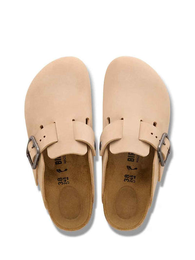 Birkenstock Boston Wire Buckle sabot beige con fibbia argento