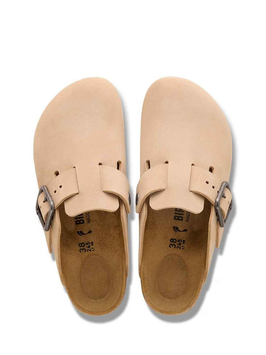Birkenstock Boston Wire Buckle sabot beige con fibbia argento