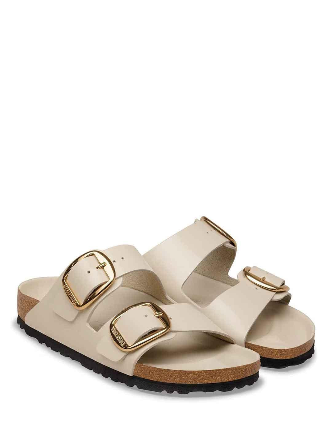 Birkenstock Arizona Big Buckle sandali beige con fibbia grande oro