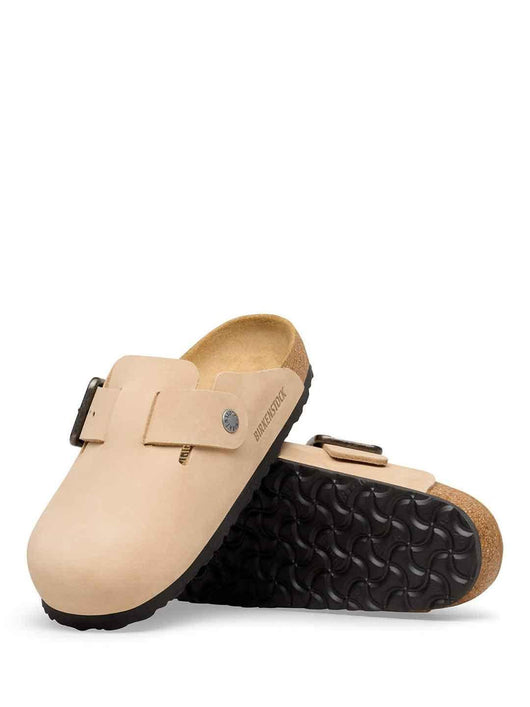 Birkenstock Boston Wire Buckle sabot beige con fibbia argento