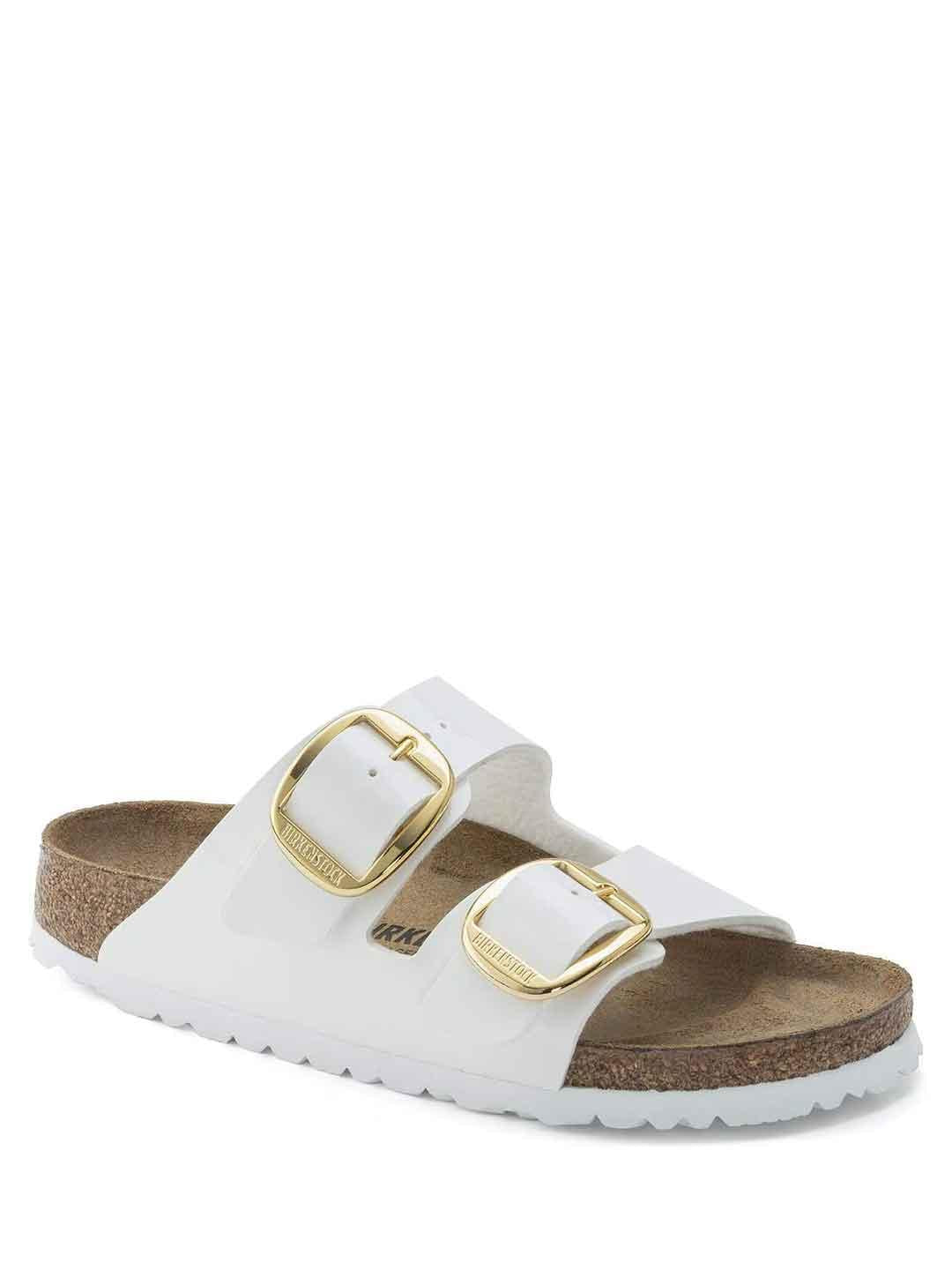 Birkenstock Arizona Big Buckle sandali bianco in vernice con fibbia oro grande