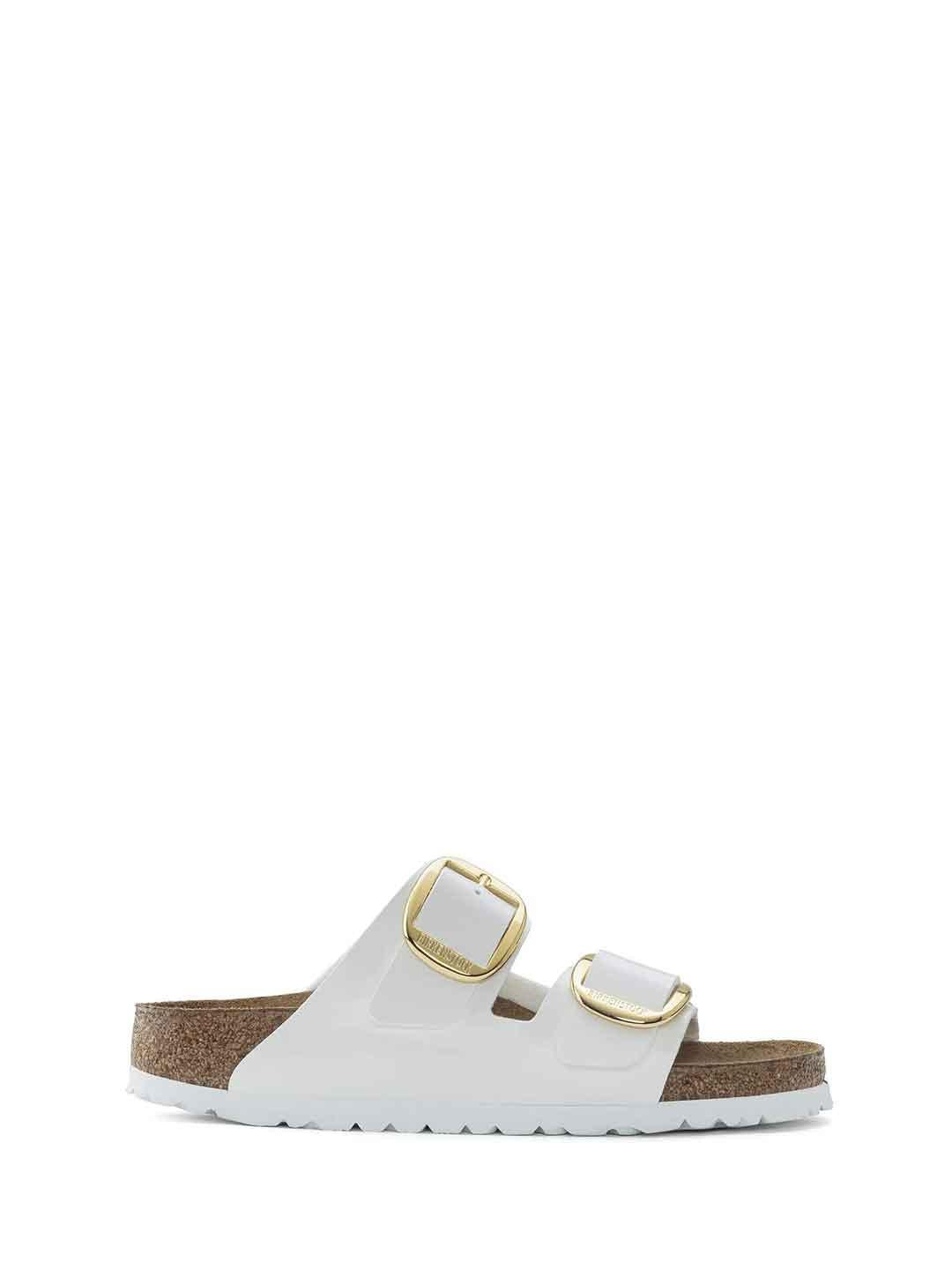 Birkenstock Arizona Big Buckle sandali bianco in vernice con fibbia oro grande